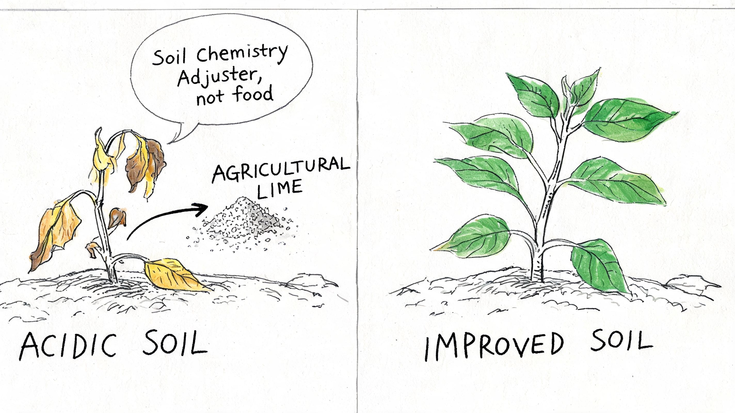 A split image showing a dying plant in acidic soil and a healthy plant in improved soil.