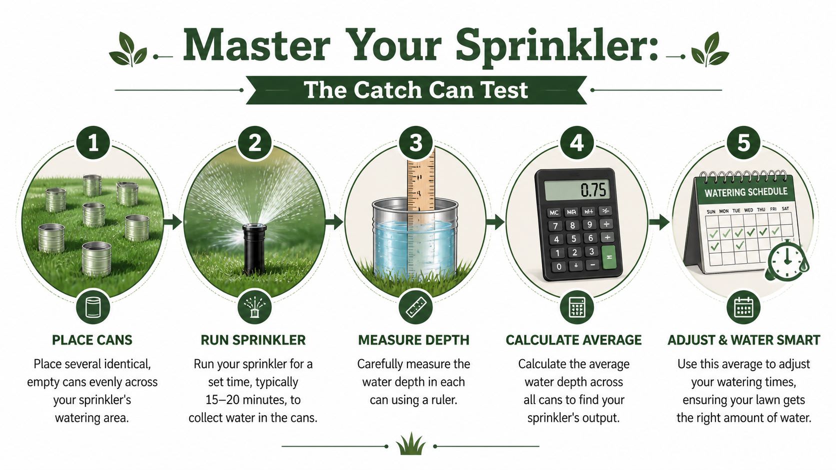 An infographic showing a five-step guide for performing a catch can sprinkler efficiency test on a lawn.